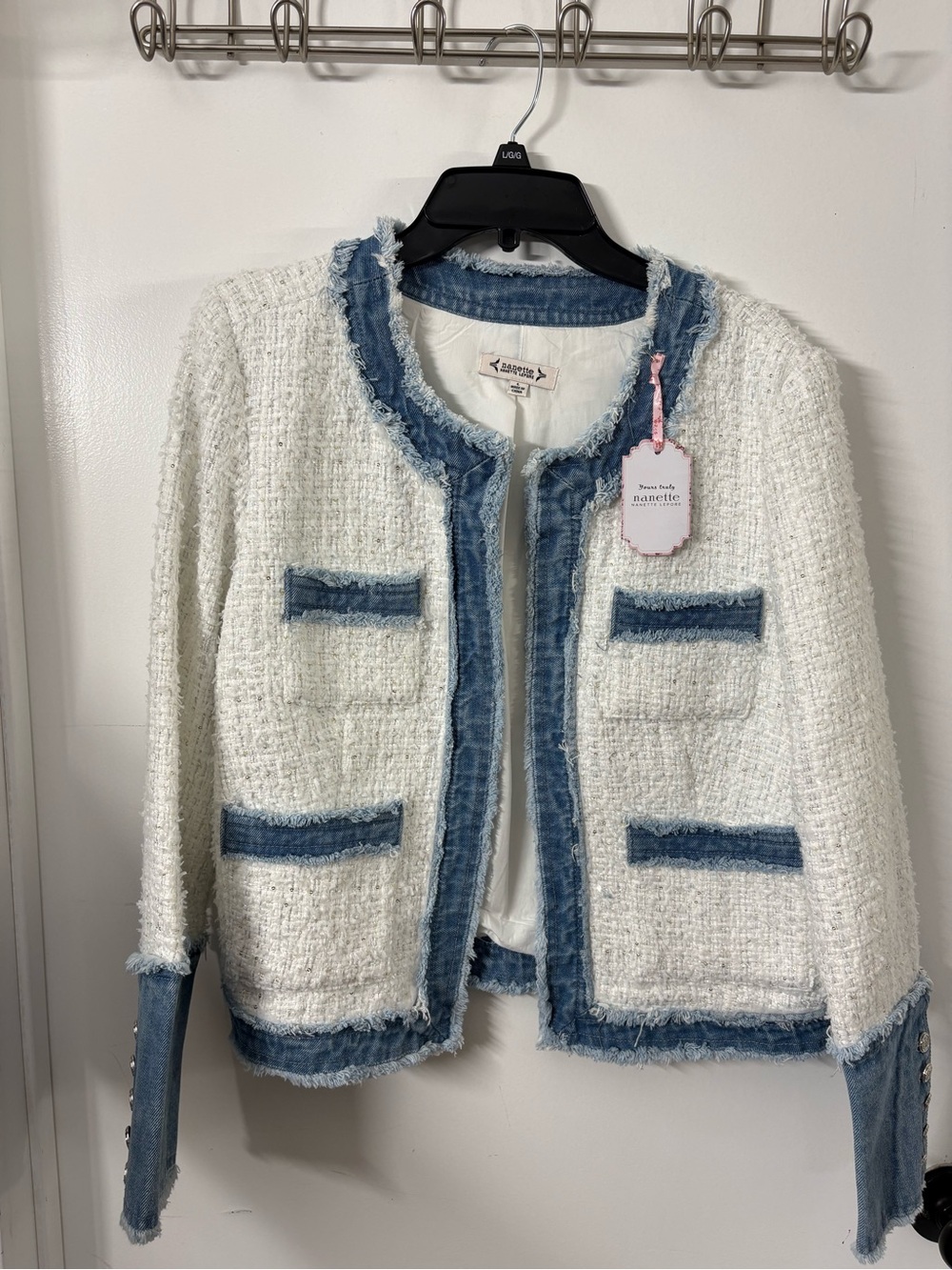 Nanette Lepore White Tweed Jacket with Blue Denim Trim